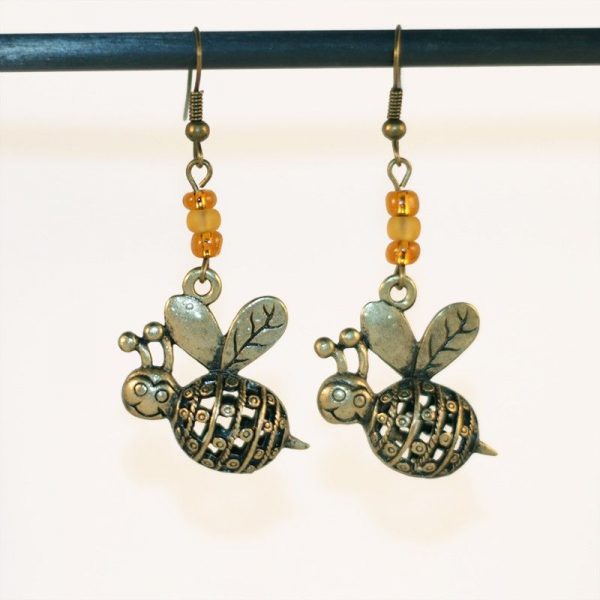 Boucles d'oreilles abeille bronze et perles couleurs miel par Divine et Féminine.