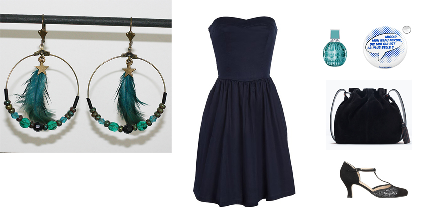 Sélection shopping, tenue pour les boucles d'oreilles créoles plumes bleu nuit canard.