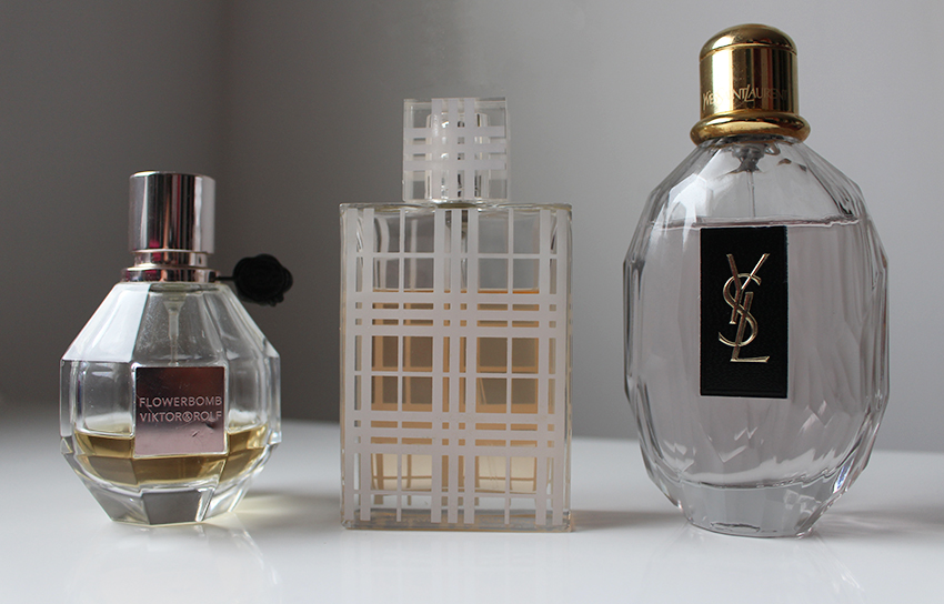 Mes parfums de Printemps : Flowerbomb de Viktor&Rolf, Brit de Burberry, et la Parisienne d'Yves Saint Laurent.
