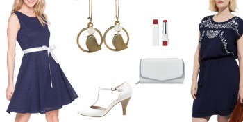 Idées de tenues élégantes et féminines pour un mariage au dress code bleu marine et blanc.