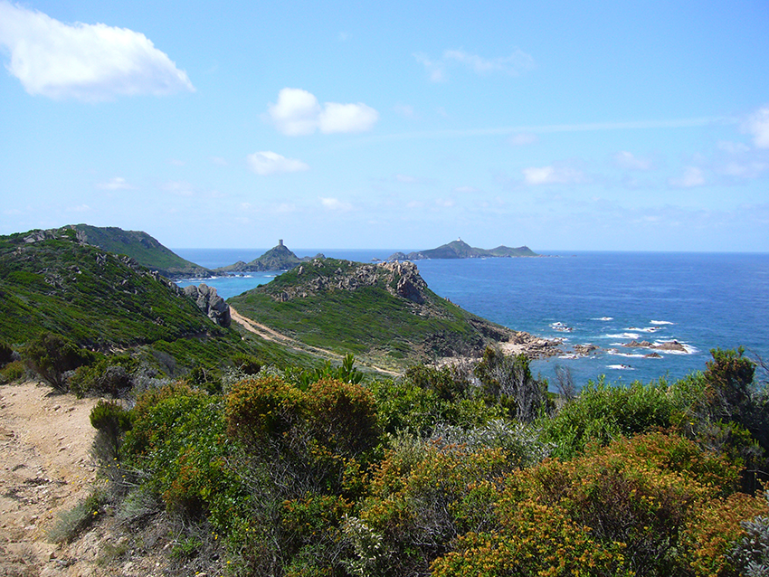 Randonnée depuis la pointe de la Parata vers Capo di Feno, en Corse, avec vue sur les îles sanguinaires.