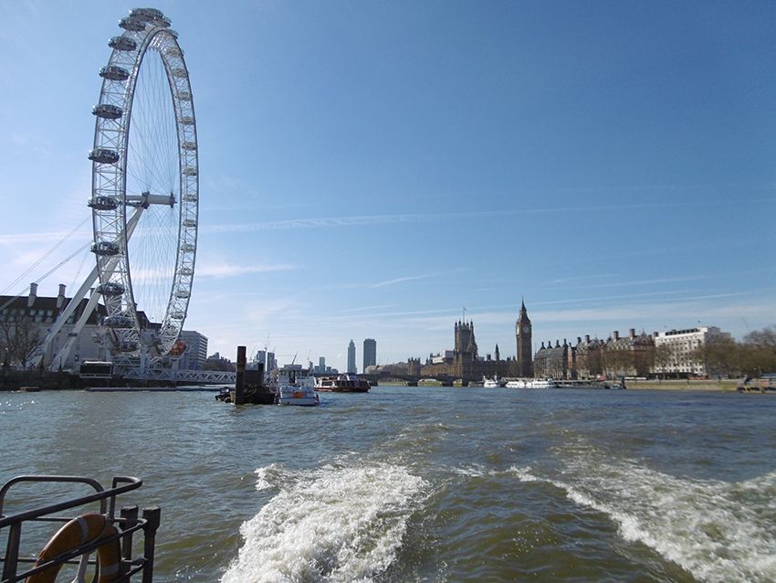 London eye et Westminster vus depuis la Tamise, sur un bateau de la Thames Clippers.