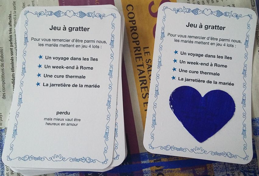 Animation de notre mariage : une tombola tickets à gratter pour gagner la jarretière.