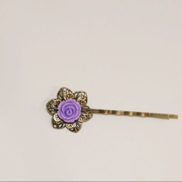 Mini barrette fleur rose violette épingle cheveux métal bronze par Divine et Féminine.