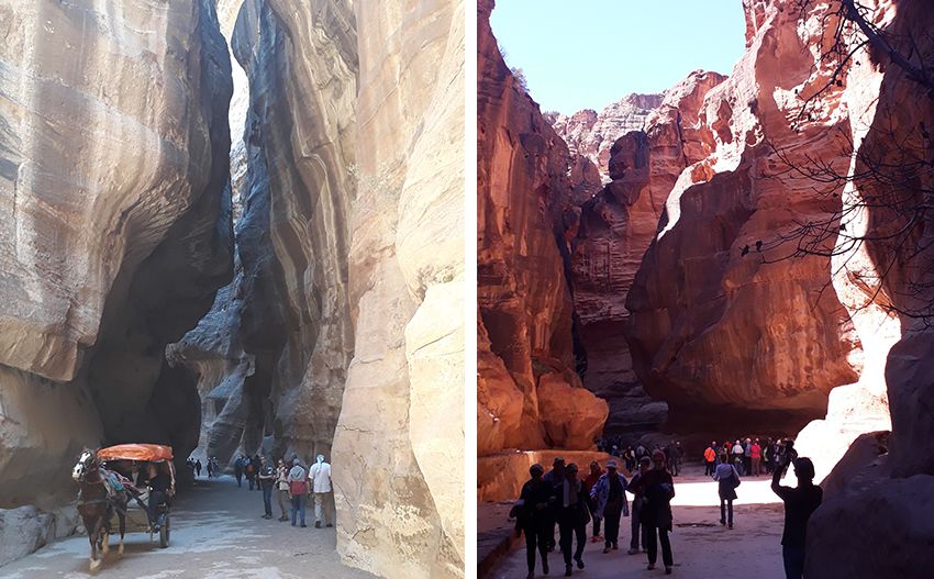 Marcher dans le siq à Petra, en Jordanie.